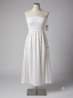 White Halter Midi Eyelet Dress with Smocked Bodice 100%% Cotton